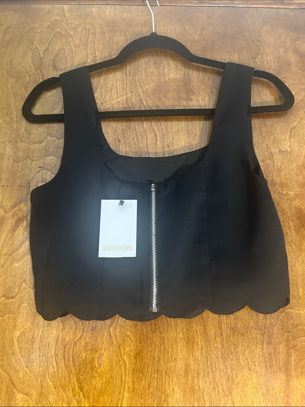 Sugarlips Black Scalloped Zip-Front Crop Top